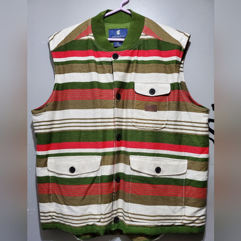 Rocawear Classic Men's Vest 2XL Brown Red Green Striped 90s 00s Hip Hop Style
